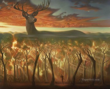 抽象的かつ装飾的 Painting - 木の陰でシュルレアリスムの鹿狩り